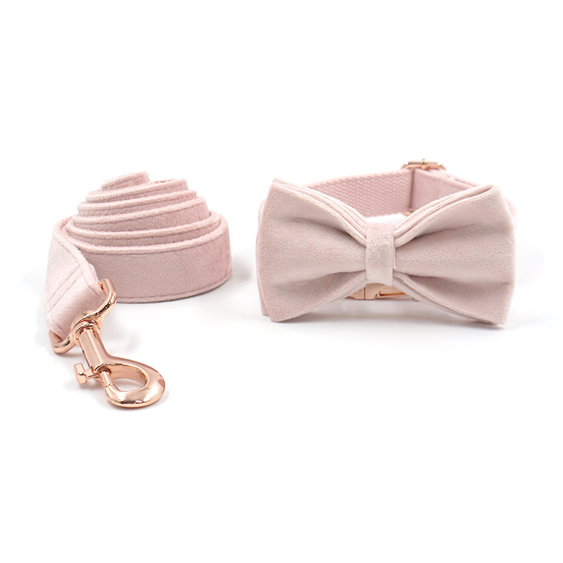 High Quality Pet Supplies Luxury Style Pink Bow Dog Collar Rose Gold Pet Collar Lead Rope Set for Medium and Small Dog
