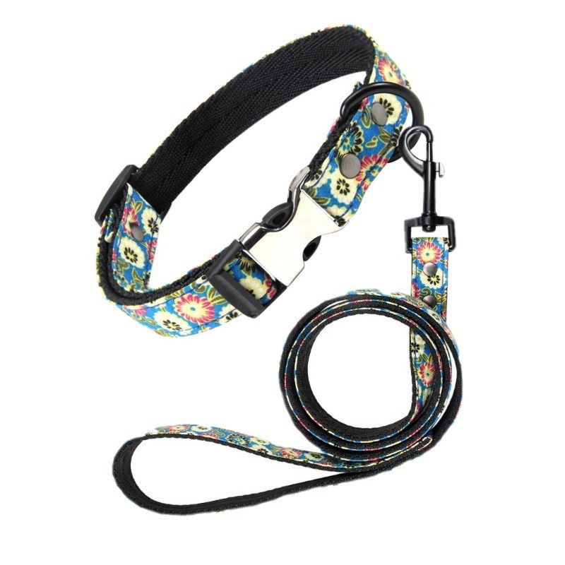 Amazons Top Sellers Low Price Custom Dog Collar New Floral Polyester Fabric Durable Pet Collar and Leash Set